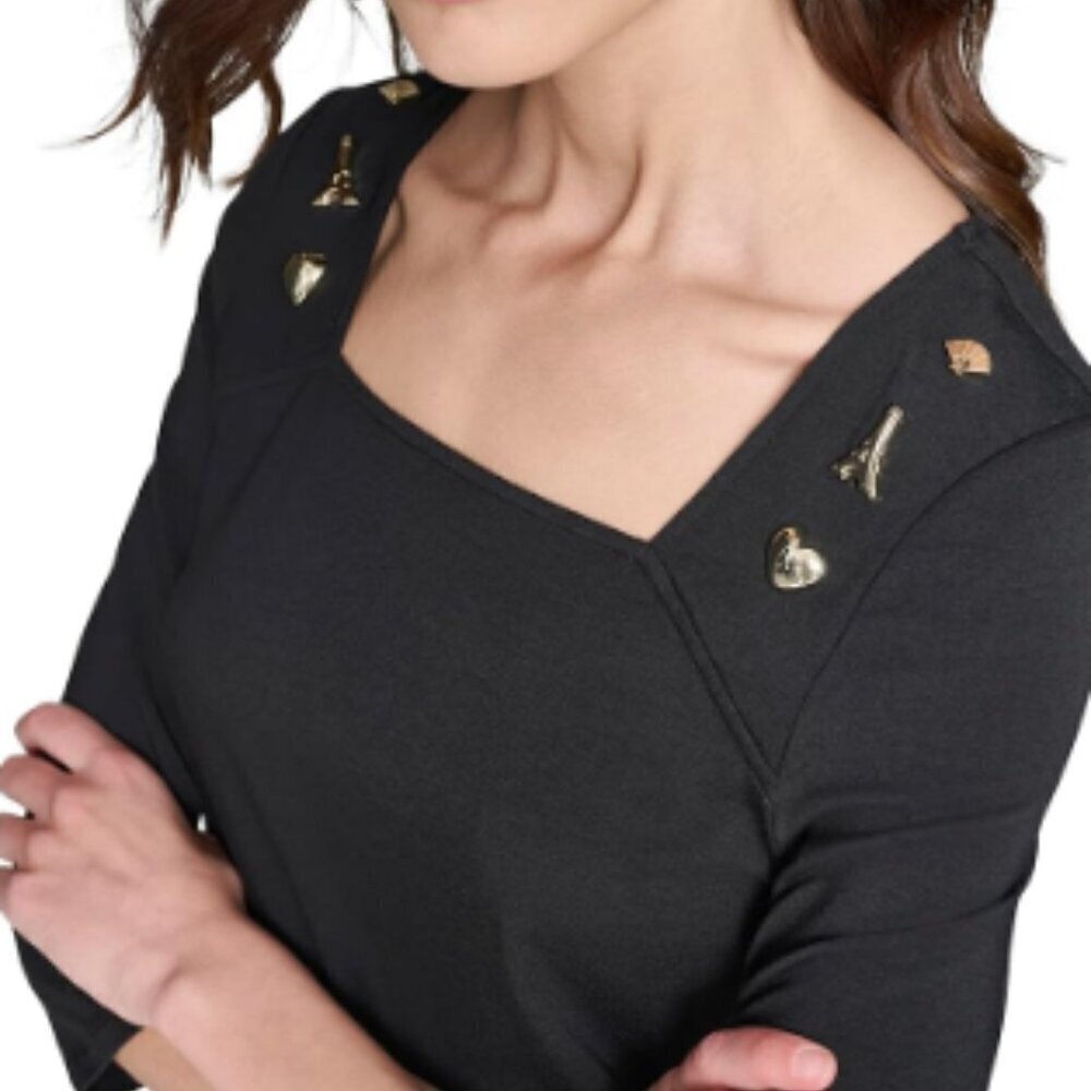 NWT! NEW! Karl Lagerfeld Paris LONG SLEEVE KNIT WITH PINS Women Square Neckline - Picture 2 of 5